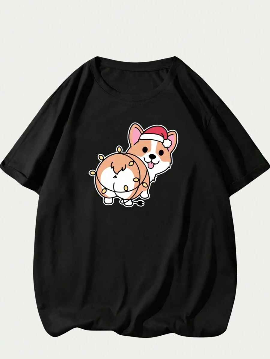 Amiseta Cute Dog Christmas Printed T-Shirt Comfort Premium Unisex Fashion Short Sleeve - 黑色 - 查看 1