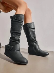 Women's Knee High Low Hidden Wedge Boots - ĐEN/PU - Xem 1