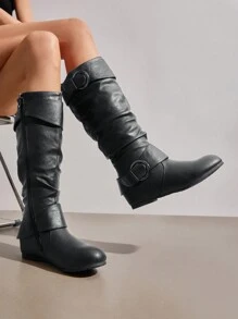 Women's Knee High Low Hidden Wedge Boots - ĐEN/PU - Xem 4
