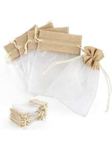 1 件欧根纱和亚麻礼品糖果玩具收纳袋，抽绳封口多用途袋，适用于节日派对装饰、圣诞礼物 - 白色 - 查看 2