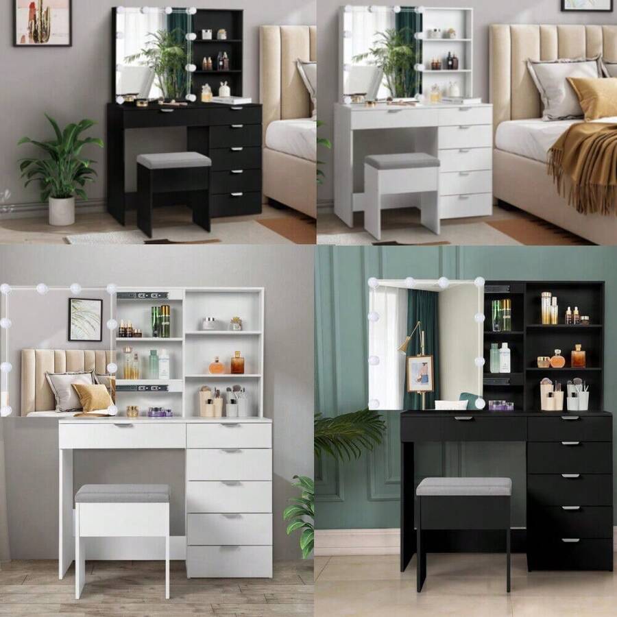 Vanity Table Set LED Lighted Mirror Makeup Vanity Desk With 6 Drawers