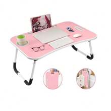 Mesa Plegable Portátil, Mesa para Laptop con Portavasos y Ranura para Tarjetas,Desk Tray Soporte Plegable para Laptop,Multifuncional Mesa Plegable para Cama/Sofa/Trabajo/Comer/Lectura Mesa de lectura para sofá plegable mesa de portátil  Escritorio de Portátil Rosa, Escritorio de Cama Plegable Pequeña - Neblina azul - Ver 5
