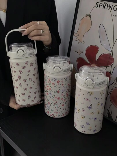 1 件 1000ml/33.82oz 玫瑰花卉图案隔热杯，保温杯，大容量运动水瓶，旅行户外杯，健身户外运动杯，平底杯，自动杯，冬季和夏季饮具，返校节日礼物