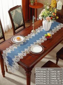 ABEST6522 Home&Living store Chemin de table vintage 100% polyester  avec bordure en dentelle florale ajourée festonnée, élégant, résistant à l'eau, napperon décoratif pour table à manger, mariage, style ferme, décoration de la maison - Bleu azur - Voir 6