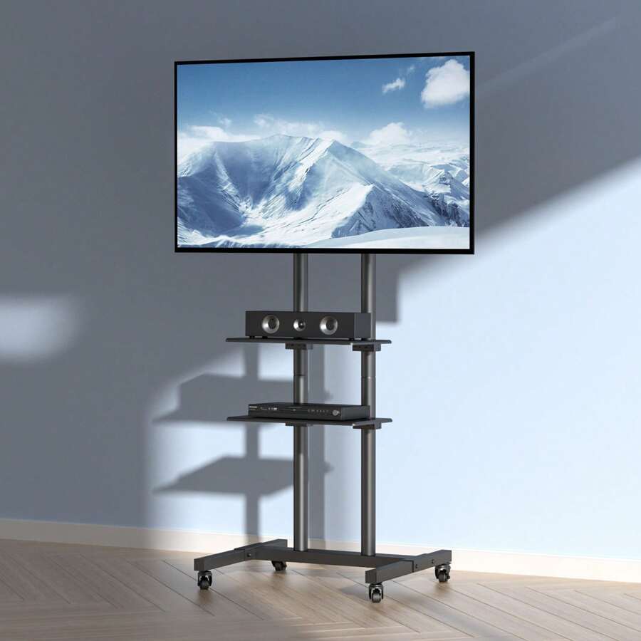 Mobile TV Stand, Mobile TV Cart For 32 To 70 Inch TVs, Height Adjustable Portable TV Stand With Wheels, Double Tray For Audio-Visual Devices, Rolling TV Stand With Mount For Bedroom, Living Room - 黑色 - 查看 1