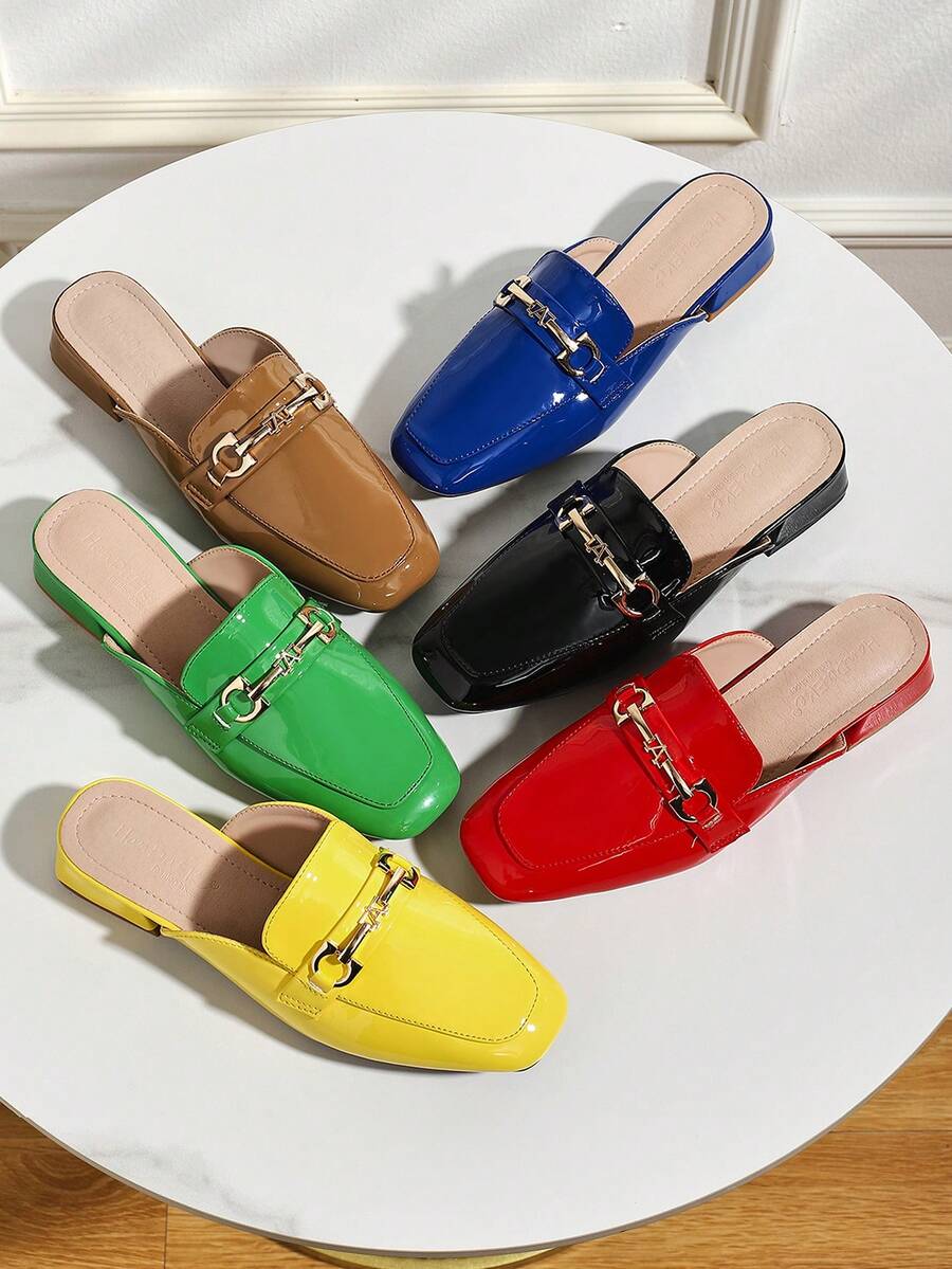 女士平底穆勒鞋一脚蹬露跟鞋，时尚纯色粗跟休闲鞋 - 黑色 - 查看 1