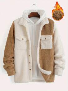 Plus Size Men's Casual Long Sleeve Contrast Color Reversible Fleece Shacket With Dual Pockets, Fall And Winter - Apricot - View 2