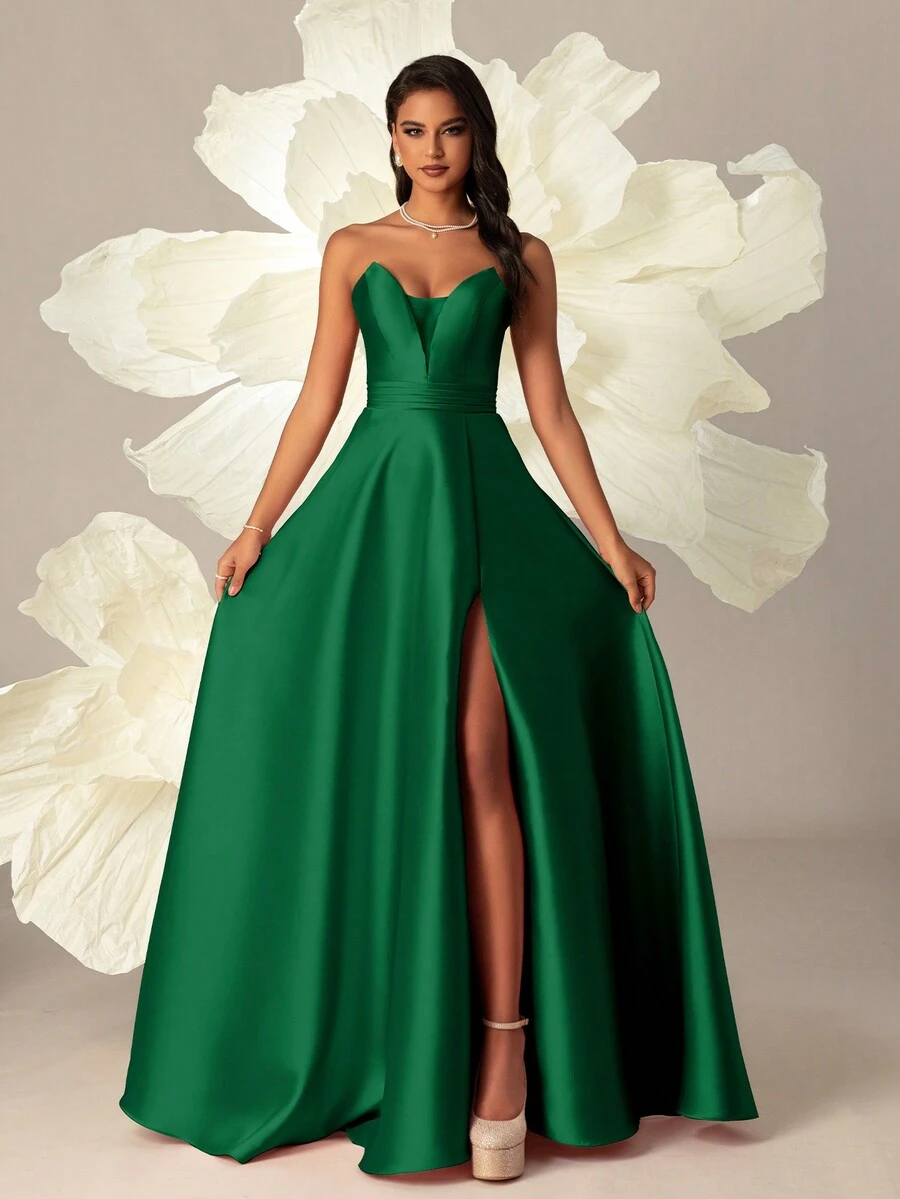 VIPGIRL 优雅绿色缎面 A 字形高开叉长礼服，正式晚礼服，优雅派对，女士舞会礼服，婚礼宾客礼服，毕业典礼，晚宴 - 綠色 - 查看 1