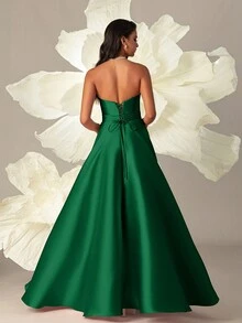 VIPGIRL 优雅绿色缎面 A 字形高开叉长礼服，正式晚礼服，优雅派对，女士舞会礼服，婚礼宾客礼服，毕业典礼，晚宴 - 綠色 - 查看 2