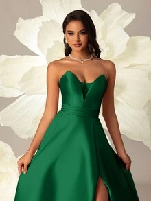 VIPGIRL 优雅绿色缎面 A 字形高开叉长礼服，正式晚礼服，优雅派对，女士舞会礼服，婚礼宾客礼服，毕业典礼，晚宴 - 綠色 - 查看 6