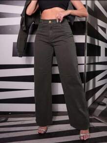 Women's Wide Leg High Waisted Jeans With Butt Lifting Pant - Army Green - View 1