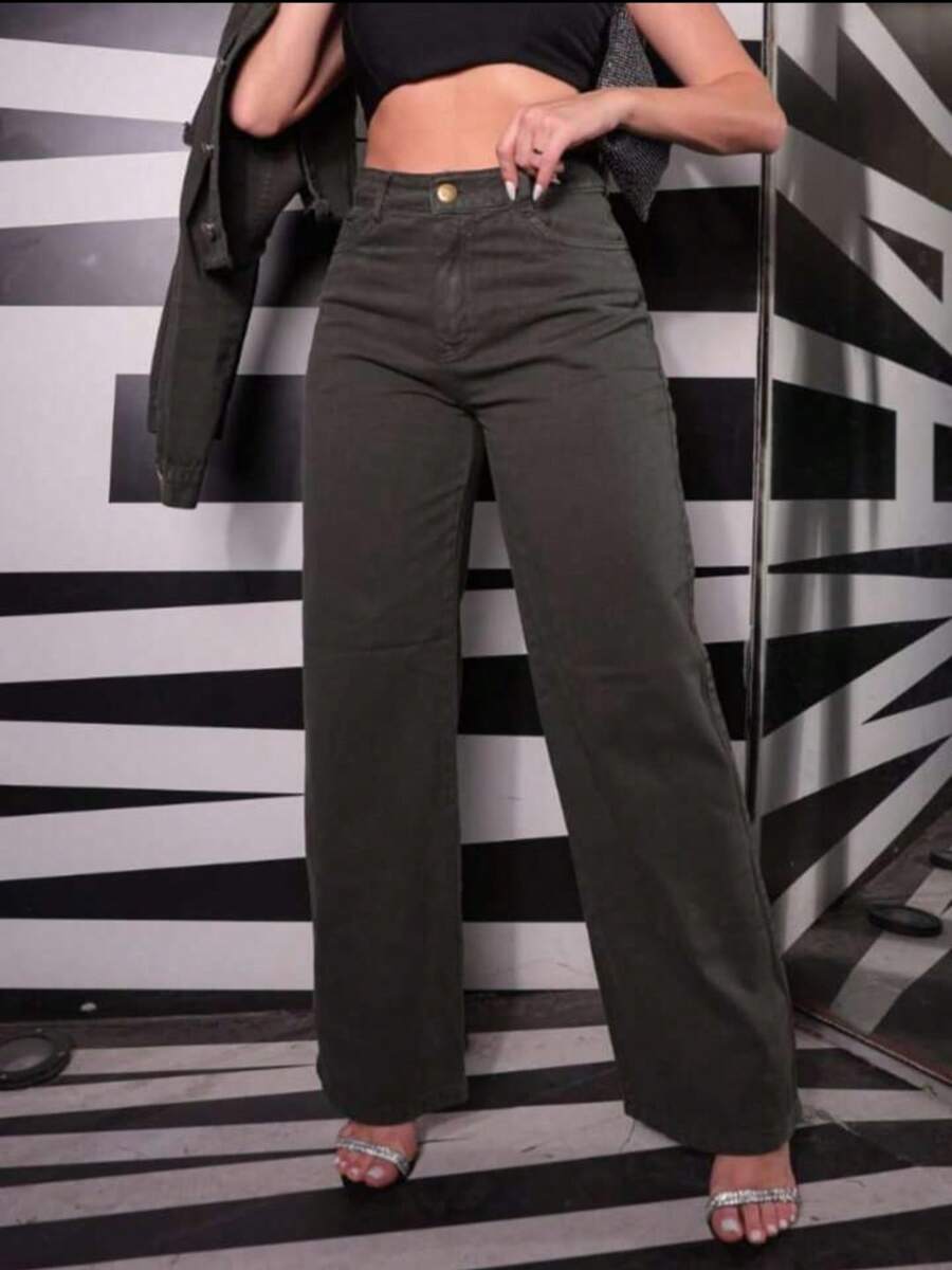 Women's Wide Leg High Waisted Jeans With Butt Lifting Pant - Army Green - View 1