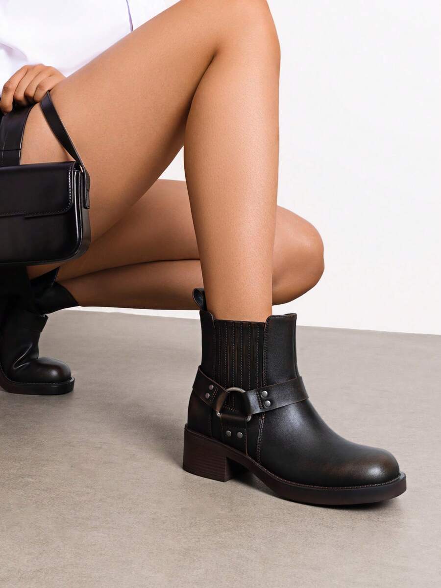 DREAM PAIRS Women's Moto-Inspired Ankle Boots With Square Toe & Block Heel Pu Leather Short Boots With Side Zipper Retro Motorcycle Boots - 棕色 - 查看 1