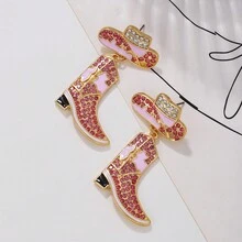 RINTOLER 1 对独特的欧洲和美国设计水钻滴油西部牛仔帽和靴子几何耳环 - 玫紅色 - 查看 8
