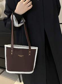 1pc Brown PU Leather Zipper Rivet Inlaid Letter Print Fashionable Versatile Solid Color Shoulder Bag For Women, Suitable For Daily Use - Coffee Brown - View 3