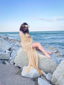 孕妇蕾丝灯笼袖高开衩摄影连衣裙 V 领露肩长礼服，适合拍照