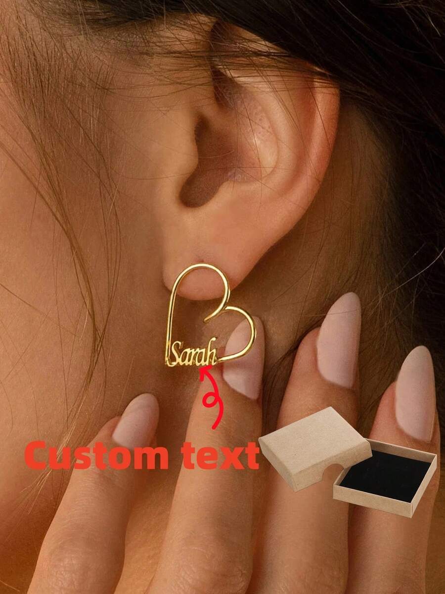 1 对复古个性化时尚经典定制名字焊接爱心耳钉，适合男女，日常、工作、约会、送礼、情人节、节日、派对（礼盒） - 彩色 - 查看 1