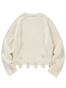 女士休闲街头风格宽松破洞毛衣、长袖上衣 - 杏色 - 查看 6