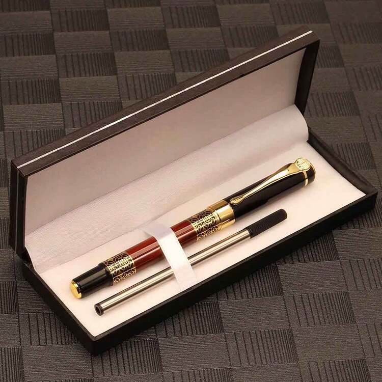 1 chiếc bút bi kim loại rỗng kiểu văn phòng bằng gỗ sơn mài vàng cổ điển có ống mực đen, đi kèm hộp quà màu đen và bạc, món quà tuyệt vời nhất cho nam giới - màu đen - Xem 13
