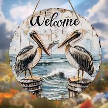 1 件迷人鹈鹕欢迎木质悬挂标志，木质前门装饰挂件，室内外装饰美学的完美选择，送给朋友的理想礼物，多功能壁挂 - 彩色 - 查看 3