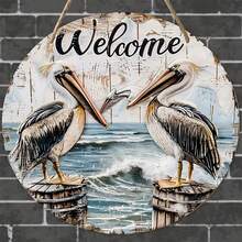 1 件迷人鹈鹕欢迎木质悬挂标志，木质前门装饰挂件，室内外装饰美学的完美选择，送给朋友的理想礼物，多功能壁挂 - 彩色 - 查看 5