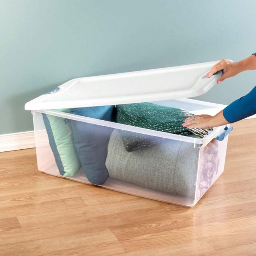 106 Qt Latching Storage Box, Stackable Bin With Latch Lid, Plastic