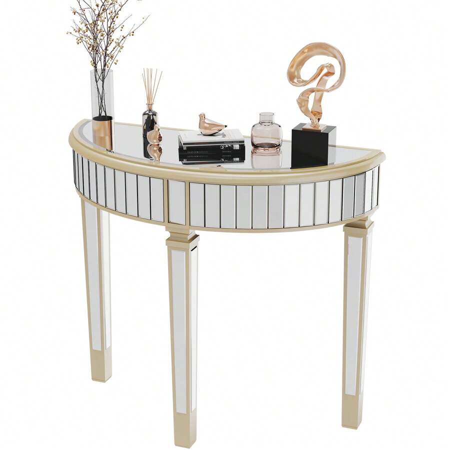 UNHO Mirrored Console Table, 90 X 35 X 80.5cm HD Glass Entryway Table, Half Round Sofa Side Table And Sturdy Square Column Legs For Patio, Living Room, Bedroom