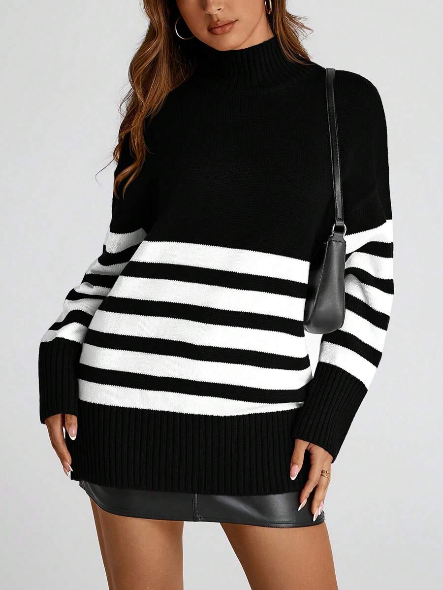 Women's Oversized Striped Sweater Autumn Casual Long-Sleeved Turtleneck Jumper Coarse Knit Sweater
