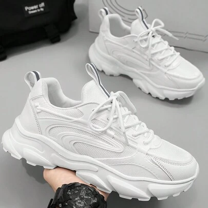 1 双男式休闲轻便纯色拼布系带厚底运动鞋，百搭运动鞋