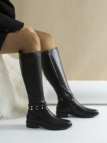 Fashionable Over-The-Knee Boots For Women, Black Color With Gold Rivets, Side Zipper Closure, Versatile Tall Boots With Round Toe And Chunky Heel, Comfortable Winter Boots, Suitable For Autumn & Winter - Black - View 10
