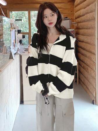 New Arrival Fashionable Loose Fit Contrast Stripe Hooded Long Sleeve Cardigan, Versatile For Autumn/Winter