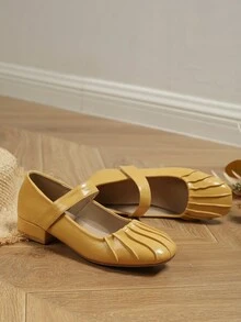 女士复古荷叶边玛丽珍鞋，粗跟，钩环带，低跟，黄色，秋冬新品 - 黃色 - 查看 5