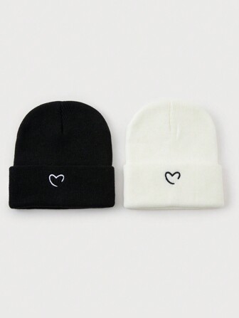 1 pièce ou 2 pièces Bonnet à la mode pour femmes avec broderie en forme de cœur, bonnet tricoté pour la chaleur en automne/hiver, tenue décontractée de tous les jours pour la Saint-Valentin