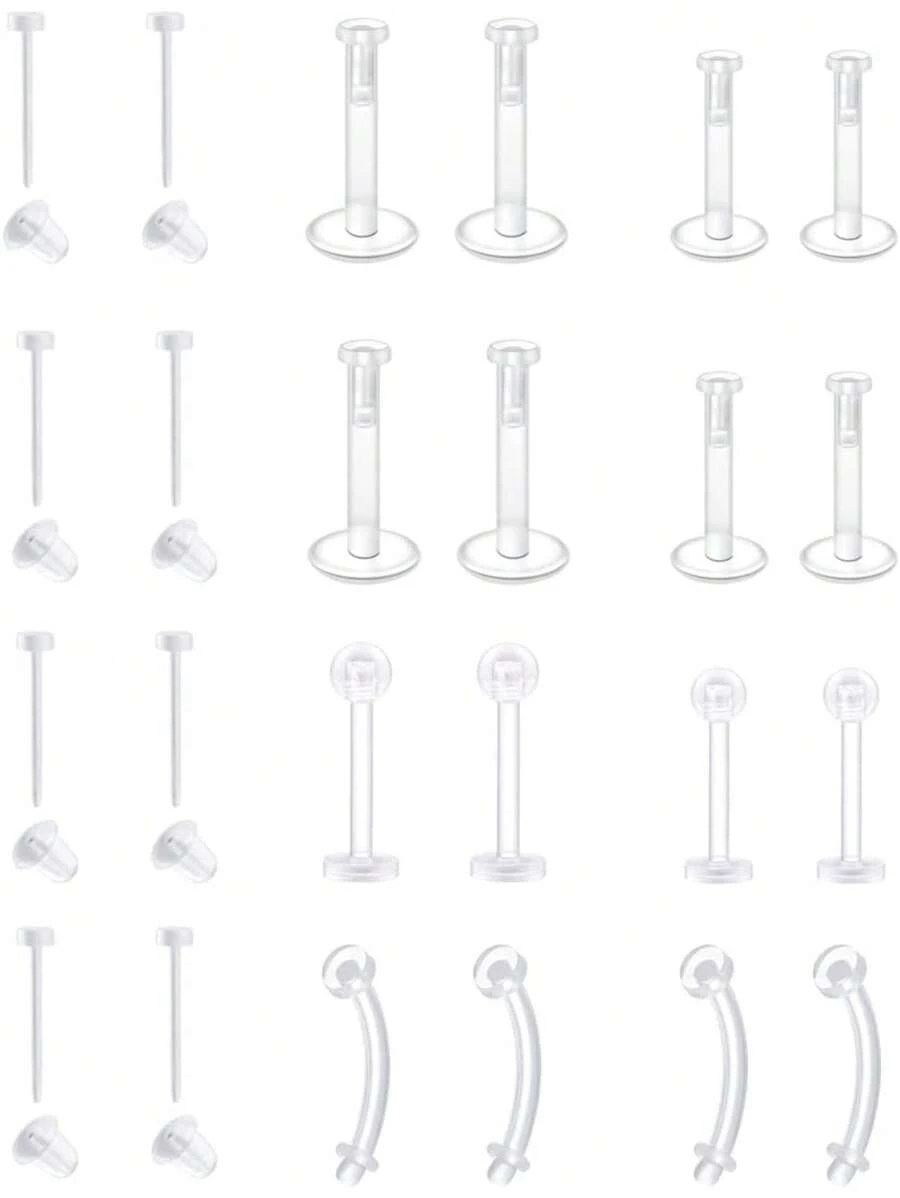 AVYRING 24Pcs Clear Earrings Plastic Earrings For Sports 16g Clear Cartilage Earrings Stud Plastic Helix Tragus Earring Medusa Monroe Piercing Retainer Clear Lip Rings Labret Retainers For Work Surgery