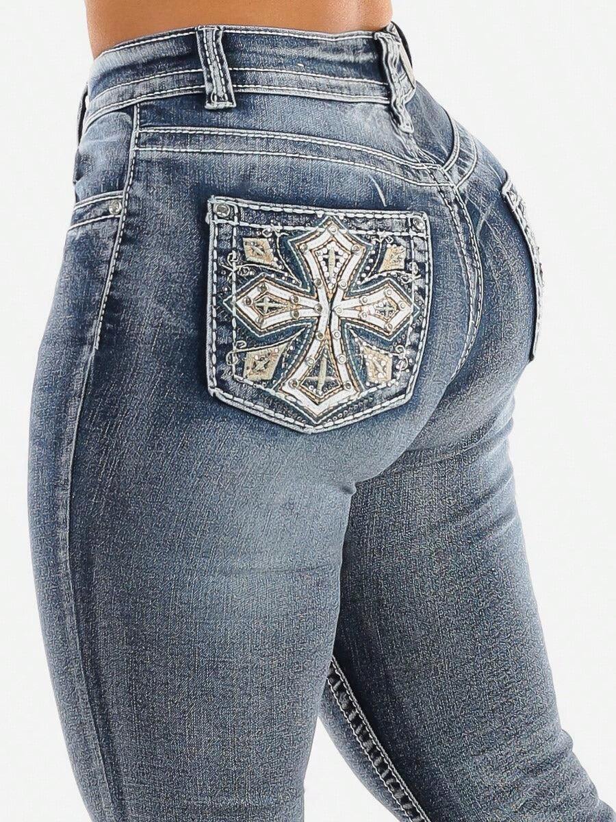 Moda Xpress High Waist Flared Bootcut Jeans W Back Pocket Design