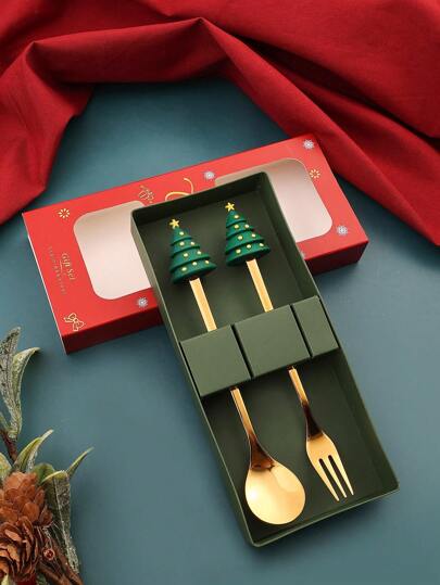 Creative Christmas Gift Doll Stainless Steel Spoon And Fork Christmas Gift Round Tree Cute Cartoon Coffee Stirring Spoon Fruit Cake Fork Hollow Gift Box 1 Set