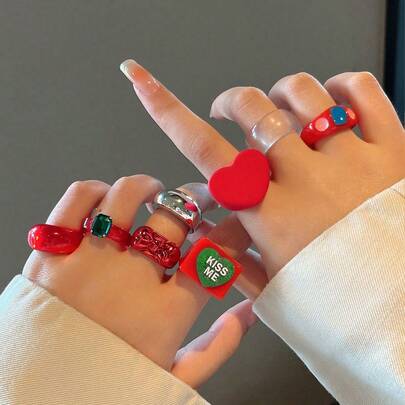 Bộ 8 chiếc nhẫn Polyresin màu đỏ thời trang dành cho phụ nữ, bao gồm hình trái tim và hình vuông có điểm nhấn bằng pha lê, trang sức quà tặng tiệc Valentine, Mẹ, Mẹ, Ngày của Mẹ, Quà tặng