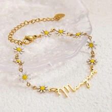 1 pièce Bracelet en acier inoxydable plaqué or 18 carats avec petite chaîne de marguerites personnalisée avec un nom, mode et polyvalent pour un usage quotidien pour femme