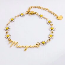 1 pièce Bracelet en acier inoxydable plaqué or 18 carats avec petite chaîne de marguerites personnalisée avec un nom, mode et polyvalent pour un usage quotidien pour femme