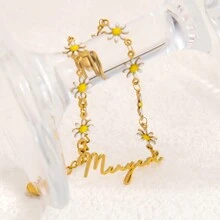 1 pièce Bracelet en acier inoxydable plaqué or 18 carats avec petite chaîne de marguerites personnalisée avec un nom, mode et polyvalent pour un usage quotidien pour femme