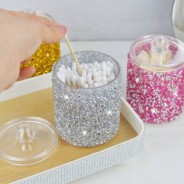 1pc Rhinestone Decorated Swab Storage Box, Round Shape Makeup Remover Pad Pad Holder For Vanity Desk Or Office Bag, Room Decor, Bags, Makeup Bag, Vanity, Travel, Make Up Bag, Travel Essentials, Organizer, Storage, Travel Essential, Makeup Organizer, Makeup Bags, Toiletry Bag, Desk Organiser, Cosmetic Bag, Makeup Pouch, Make Up Organizer, Vanity Accessories, Make Up Pouch, Make Up Bags, Jewellery Box, Pouch, Makeup Brush Holder, Brush Holder, Perfume Organiser, Pouch Bag