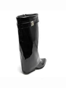 Low/High Heel Shoes, Metal Buckle Decor, Pointed Toe Design - Black Bright - View 8