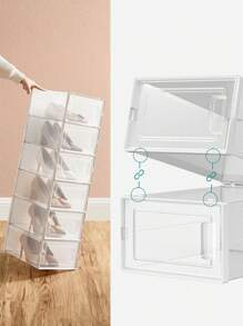SONGMICS Cajas de Zapatos Plástico, Juego de 18 Organizadores de Almacenamiento, Caja Zapatero Plástico Plegable y Apilable para Zapatillas hasta talla 44, Transparente y Blanco - Blanco - Ver 4
