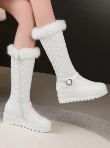 厚底防滑增高户外高筒靴，保暖内衬，Y2K 刺绣格子蓬松，女士 - 白色 - 查看 1