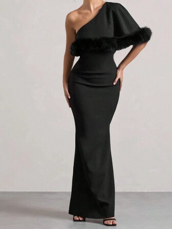 Black Oblique Shoulder Asymmetrical Neck Elegant Fuzzy Detail Fishtail Dress For Women, Formal Evening Prom Dress, For Wedding Guest, Graduation, Dinner