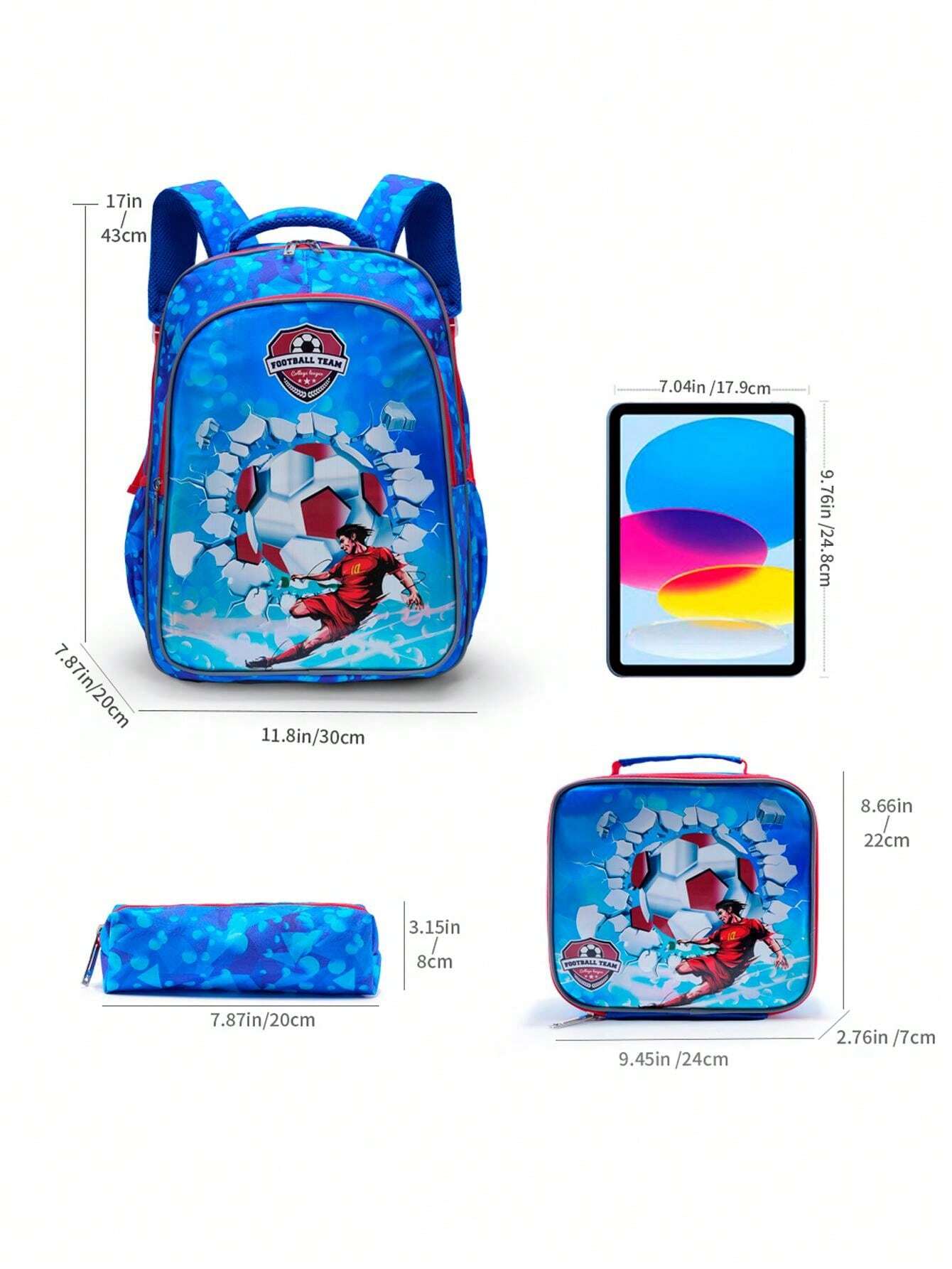 BLING BABIES 3PCS Set Backpack For Boys Cyan Cartoon Soccer Design Book