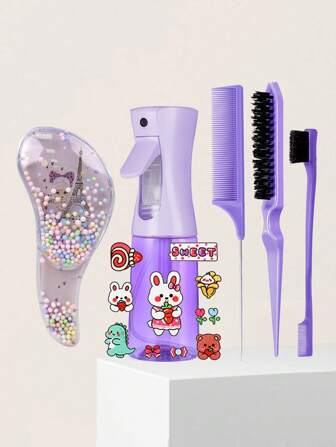 8件/6件/4件套顺发梳套装，附赠可爱动物临时纹身贴纸，(6.8盎司/200毫升)持续细雾喷水瓶，独角兽卡通顺发梳，适合成人和女孩使用，蓬松梳、尖尾梳、边缘梳，适用于美发造型、沙龙、理发店、梳子、顺发梳、球形梳、迷你梳子套装、木梳、发梳、美发用品、发型、美发、发梳、梳子套装、梳子、卷发梳、顺发梳、女士发梳、理发师配件、理发店、美发用品