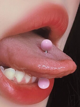 1pc 16mm Punk Acrylic & Titanium Steel Barbell Double Ball Tongue Ring, Pink, Unisex Piercing Jewelry