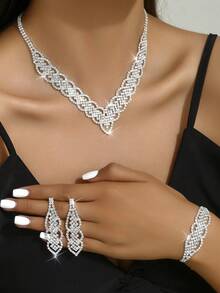 1 套镂空水晶首饰套装包括耳环、项链和手链，适合女性日常、婚礼、宴会和派对佩戴（不含盒子） - 首飾套裝 - 查看 5