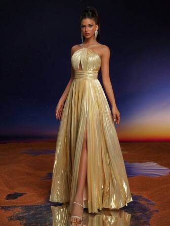 Anymoon Luxury Pleated Hollow-Out Backless Halter Long Evening Dress, Party Dress, Wedding Guest Dress, Formal Dress,Gown